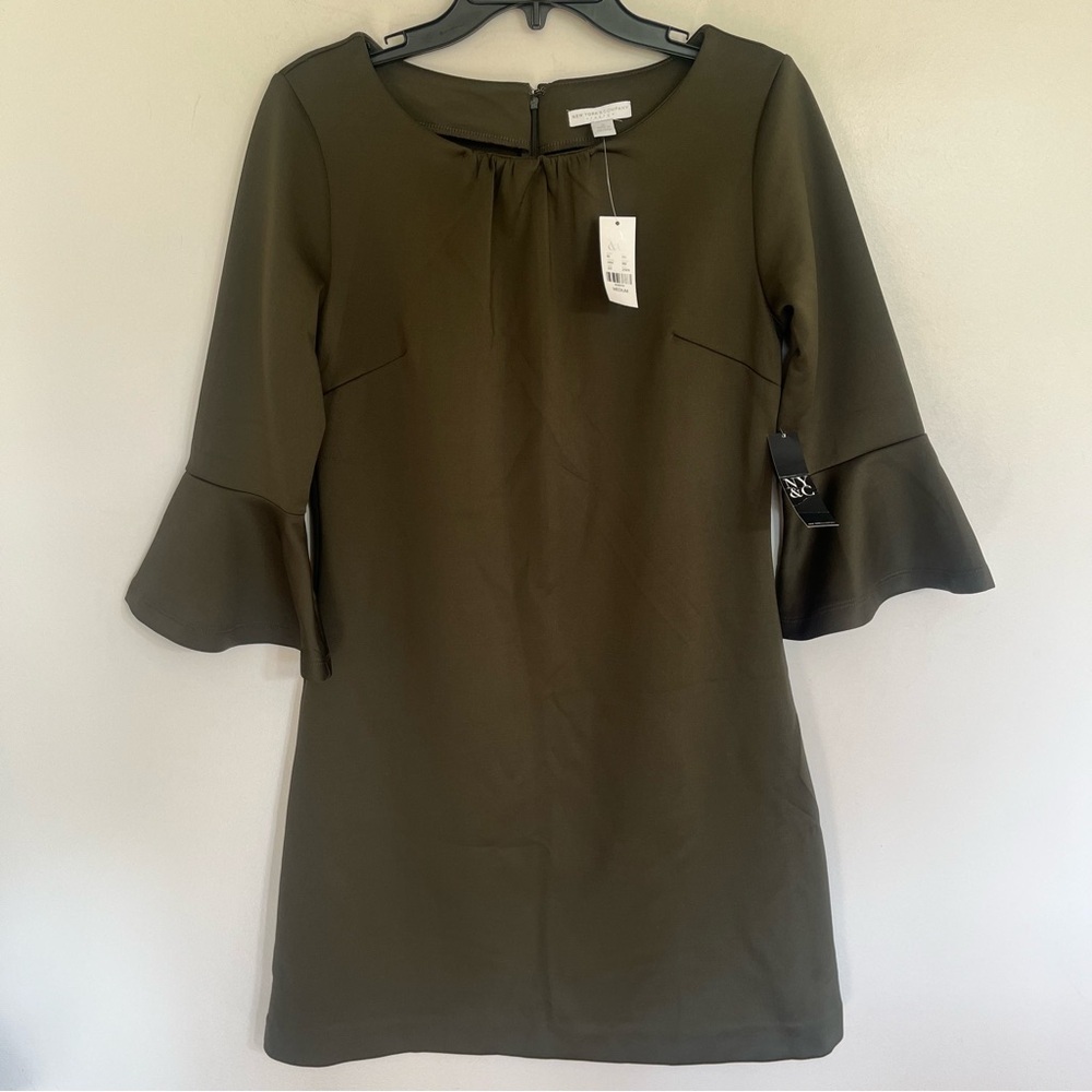 NWT Women’s New York & Company Olive Green Bell‎ Sleeve Shift Dress Size Medium